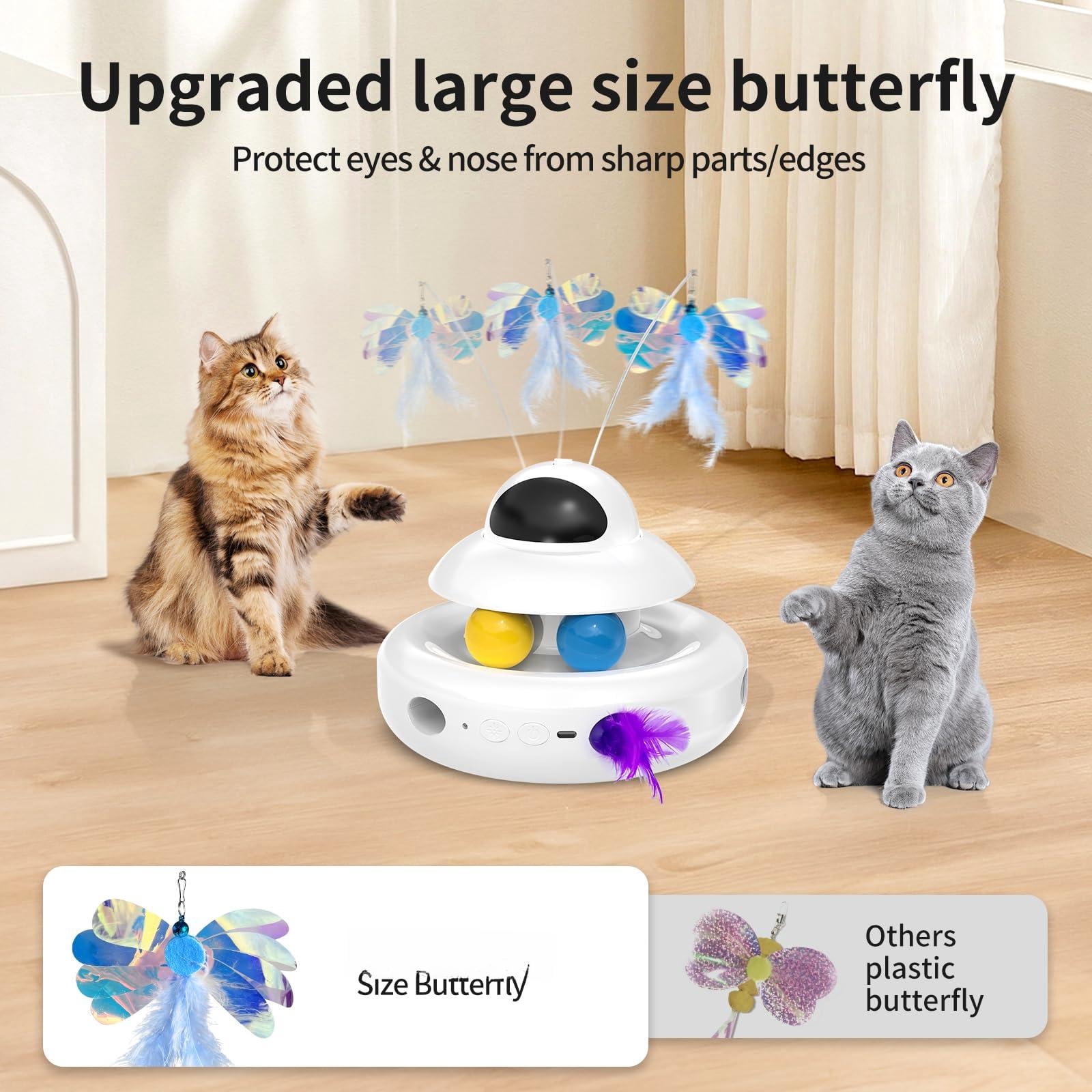 Cat Toys 4-in-1 Interactive For Indoor Cats With  Fluttering Butterfly Moving And Track Balls - Usb Rechargeable Self-play Kitten (white)