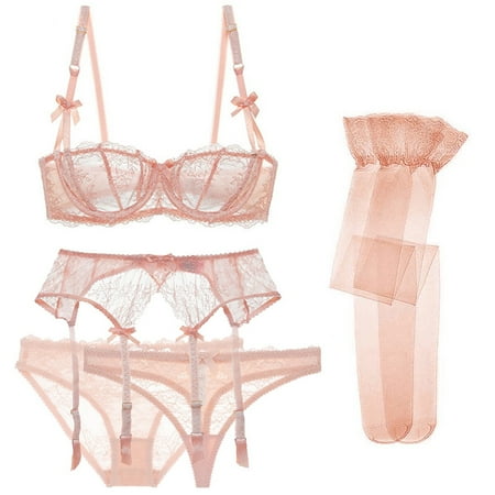 

Varsbaby Women s Lace Unlined Balconette Bra set Bra and Panties and Garter and Stocking 5 piece