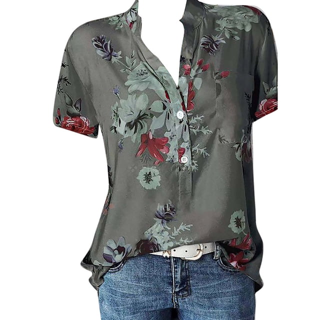 UANWENN Blouse Imprimée Grande Taille pour Femmes Chemise à Poche Manches Courtes Décontractée T-Shirts Femmes Chemise de Compression Dames Chemises de Football Grande Taille Col Roulé Manches Longues