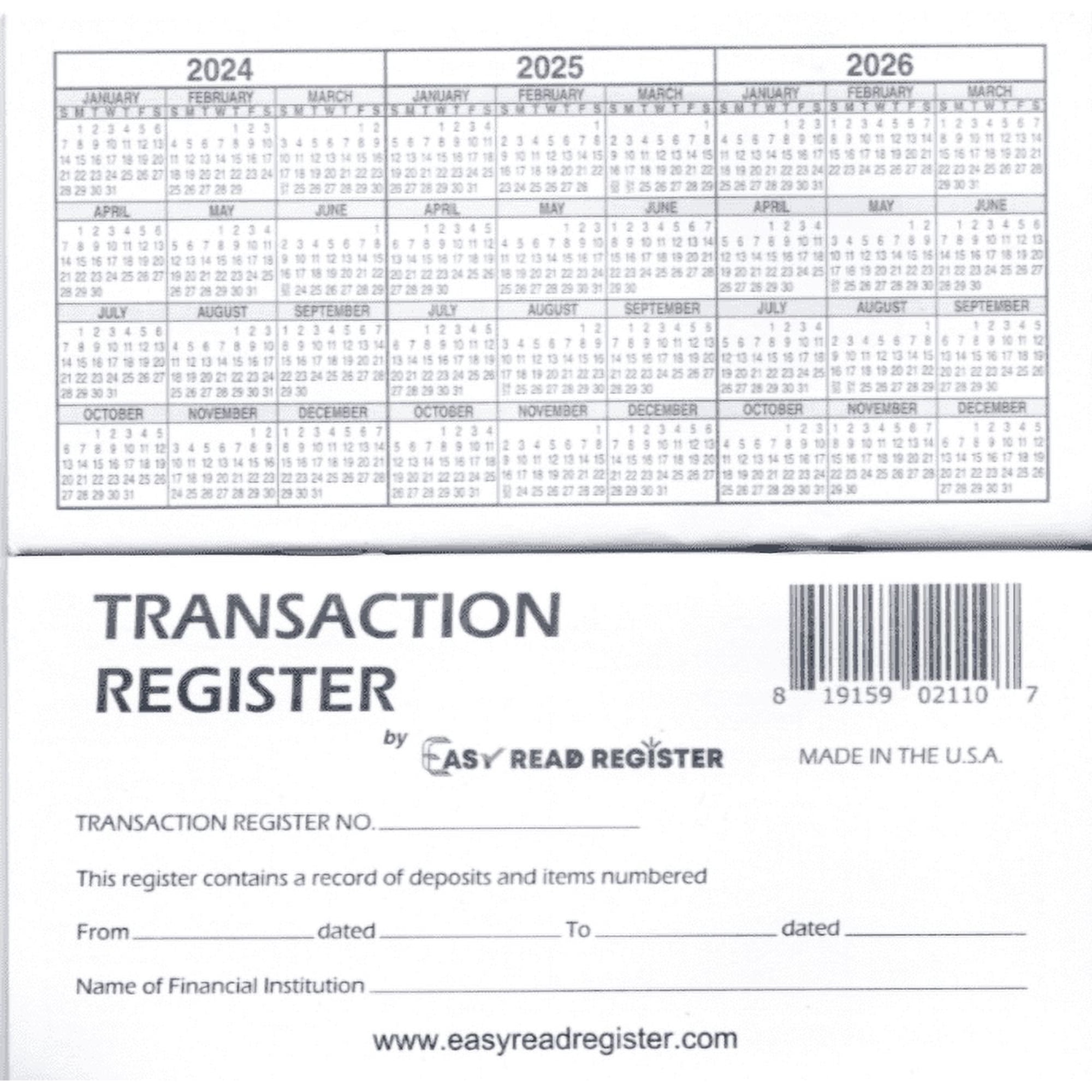 Easy Read Register 12 Check Registers Checkbook Ledger 6"x3", Black/White