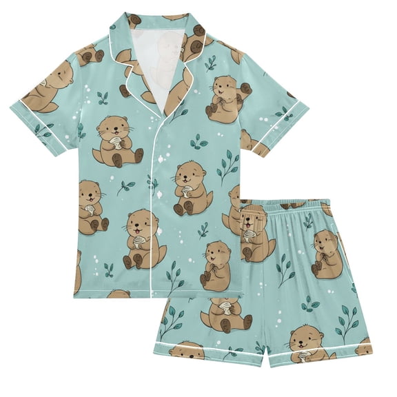 Silky Satin Kids' Pajama Set Breathable & Smooth Unisex Button-Down Pajamas Cute Otter Pattern