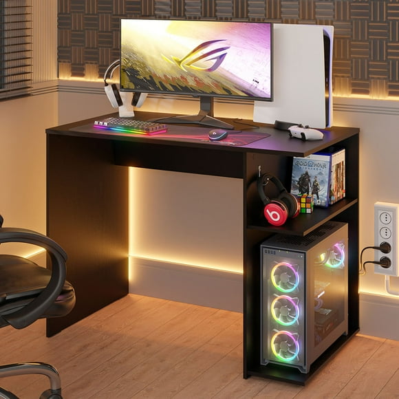 Madesa Compact Gaming Computer Desk with 2 Shelves, Cable Management and Large Monitor Stand, Wood, 21" D x 39" W x 30" H - Black