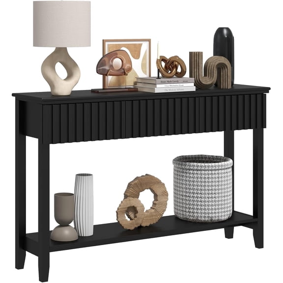 LAZZO Modern Fluted Console Table, Narrow Long Behind Couch Sofa Entryway Table with 3 Drawers & 1-Tier Open Shelf, Black