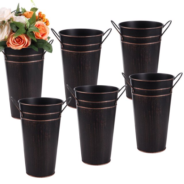6 jarrones de metal galvanizado, cubos de flores de metal, florero de 9,8 pulgadas con asas, jarrones rústicos de granja para decoración del hogar, centro de mesa de boda
