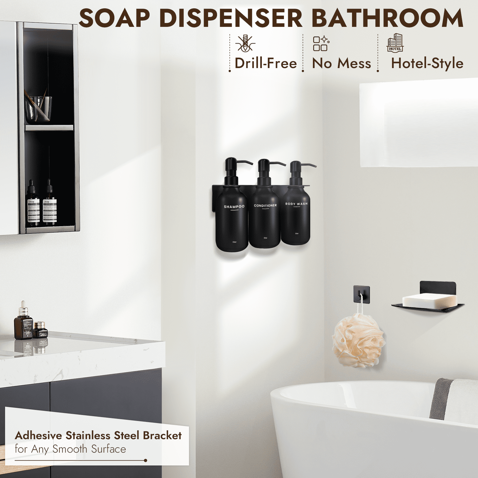 Nurforta Shampoo and Conditioner Dispenser - Shower Soap Dispenser Wall Mounted - 17 fl oz Set of 3 Black Plastic Bottles with Stainless Steel Pumps & No-Drill Adhesive Holders for Bathroom