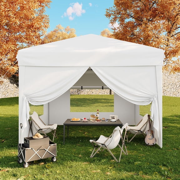 10x10FT Pop Up Canopy with Sidewalls, Outdoor Canopy Tent with SandBag & Carry Bag for Commercial Events, Camping, Backyard Parties-White