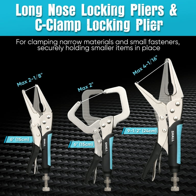 Shall 6-Piece Locking Pliers, Vice Grips Pliers Set, 5 inch,7 inch & 10 inch Curved Jaw Locking Pliers, 6-1/2 inch & 9-1/2 Long Nose Locking Pliers, 6