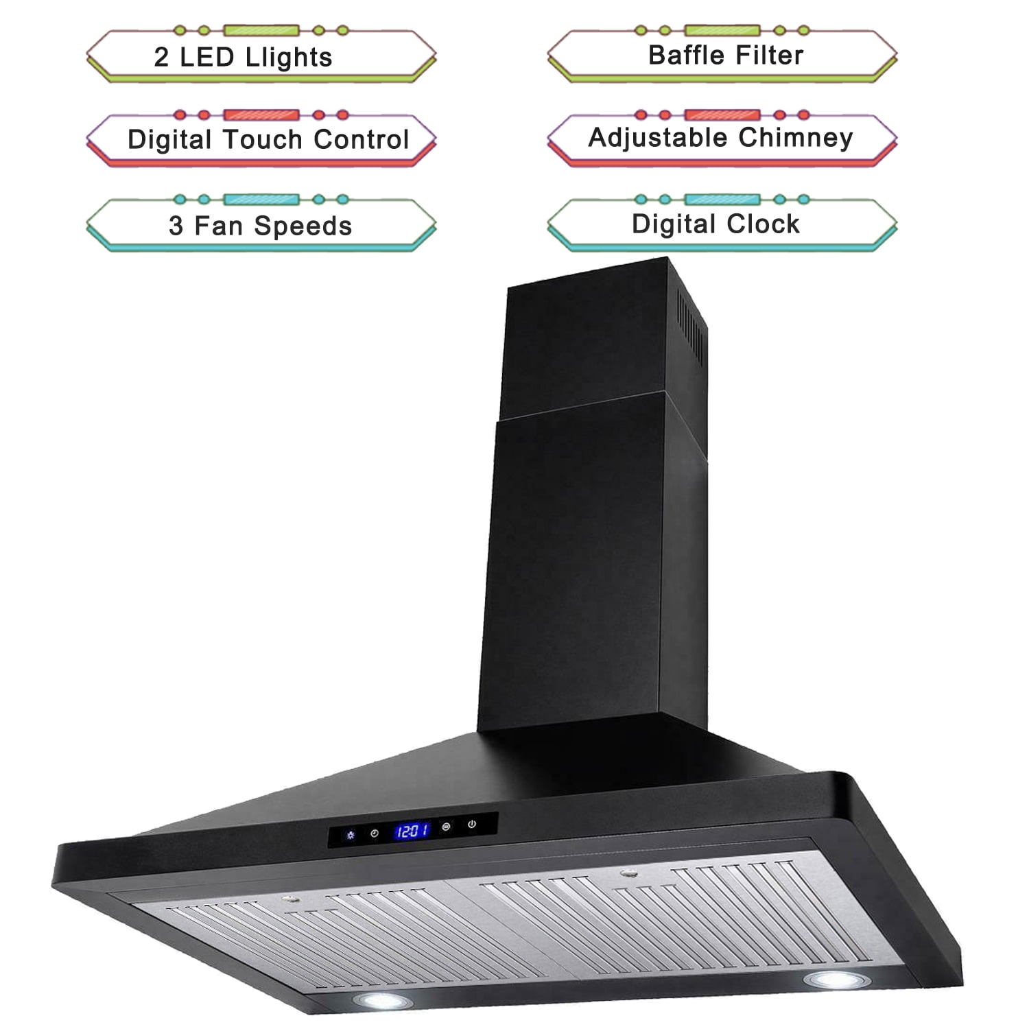 30 inch Wall Mount Range Hood Stainless Steel 350 Cfm Cooking Stove Vented LED Lamp 3 Speed Black