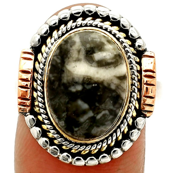 Two Tone - Mexican Cabbing Fossil 925 Sterling Silver Ring s.8 Jewelry R-1414 SDR234278