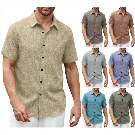 QATAINLAV Mens Linen Short Sleeve Hawaiian Shirts Summer Beach Vacation Clothes Solid Casual Button Down Turndown Tops Blue M Weekly Sales