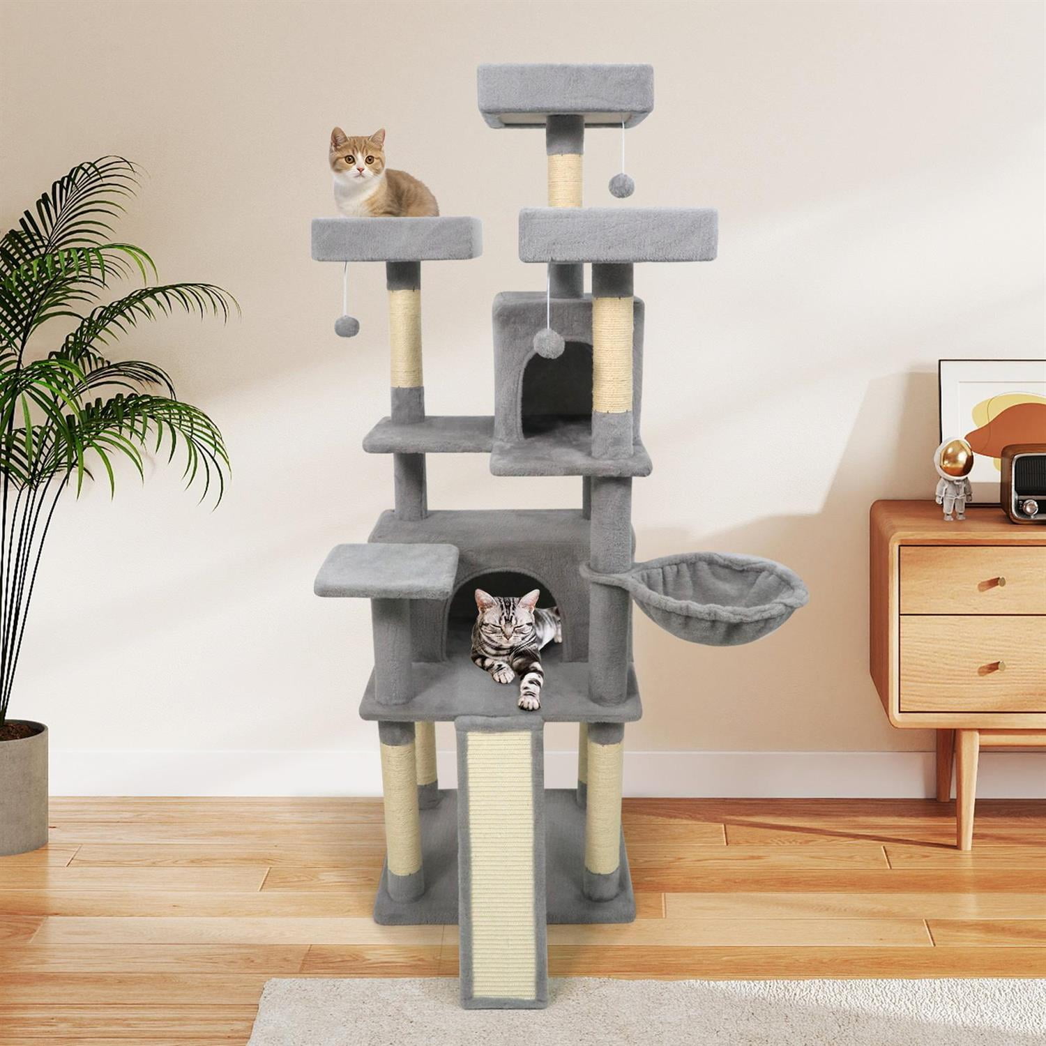 Pefilos 65" Tall Multi-Level Cat Tree, 3 Upholstered Perches & 2 Condos, Sisal Scratching Posts, Light Gray