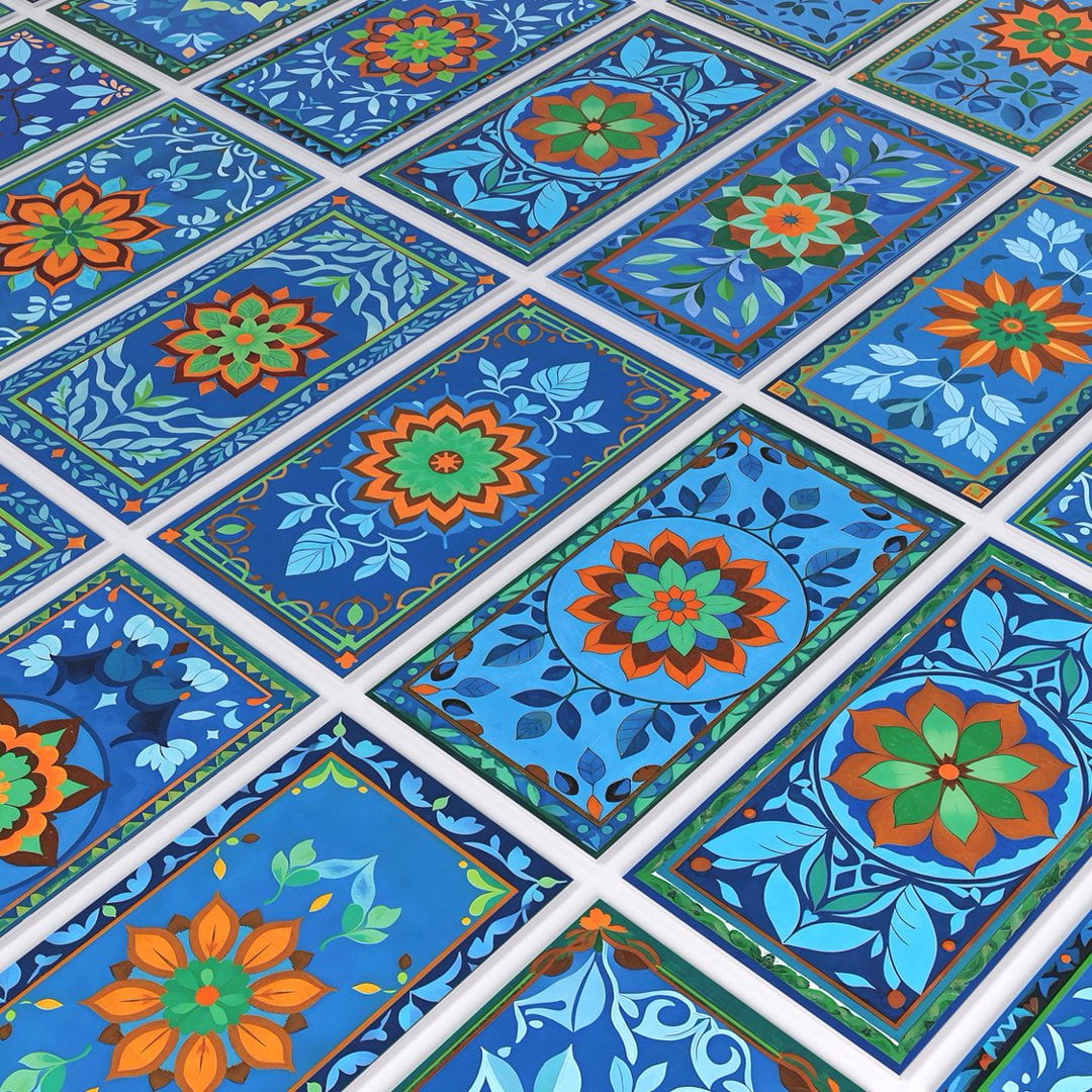 16Pcs Foaming Board Vinyl Tiles Stickers Wall Decals 8" x 4" Waterproof Peel and Stick Backsplash Blue Green Orange Flowers Pattern Mural