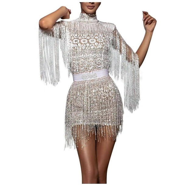 Women Tassel Dress Lace Solid Color Party Self Cultivation