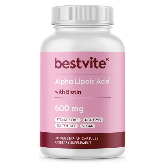 BESTVITE Alpha Lipoic Acid 600mg with Biotin (120 Vegetarian Capsules) - No Fillers - No Stearates - No Flow Agents - Gluten Free - Vegan - Non GMO