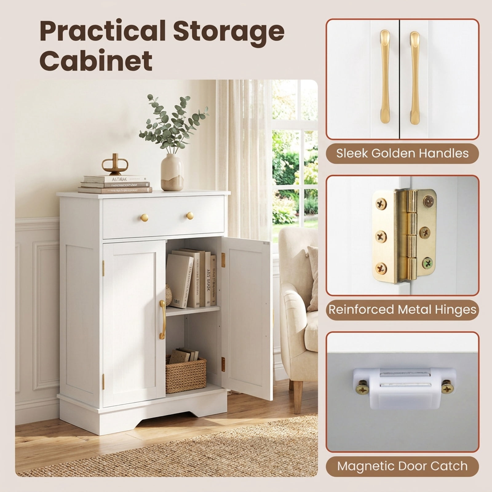 Vebreda Freestanding Floor Storage Cabinet with 2 Doors, Drawer & Adjustable Shelf, Modern Buffet Sideboard Organizer with Gold Knobs for Bathroom Living Room Dining Room, White
