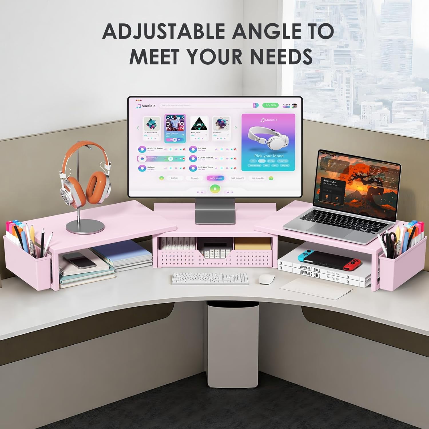 Desk Organizers and Accessories, Dual Monitor Stand Riser with Drawer and 2 Pen Holders, Desk Shelf Metal Computer Racks for Office Workspace Organizers, Desktop Organization (Pink Metal)