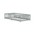thumbnail image 3 of Twin Size Floor Bed With Fence No Door, Rubber Wood Safety Guardrail Bed For Kids, Grey Modern Toddler Bed Frame With Enclosed Design, 3 of 9