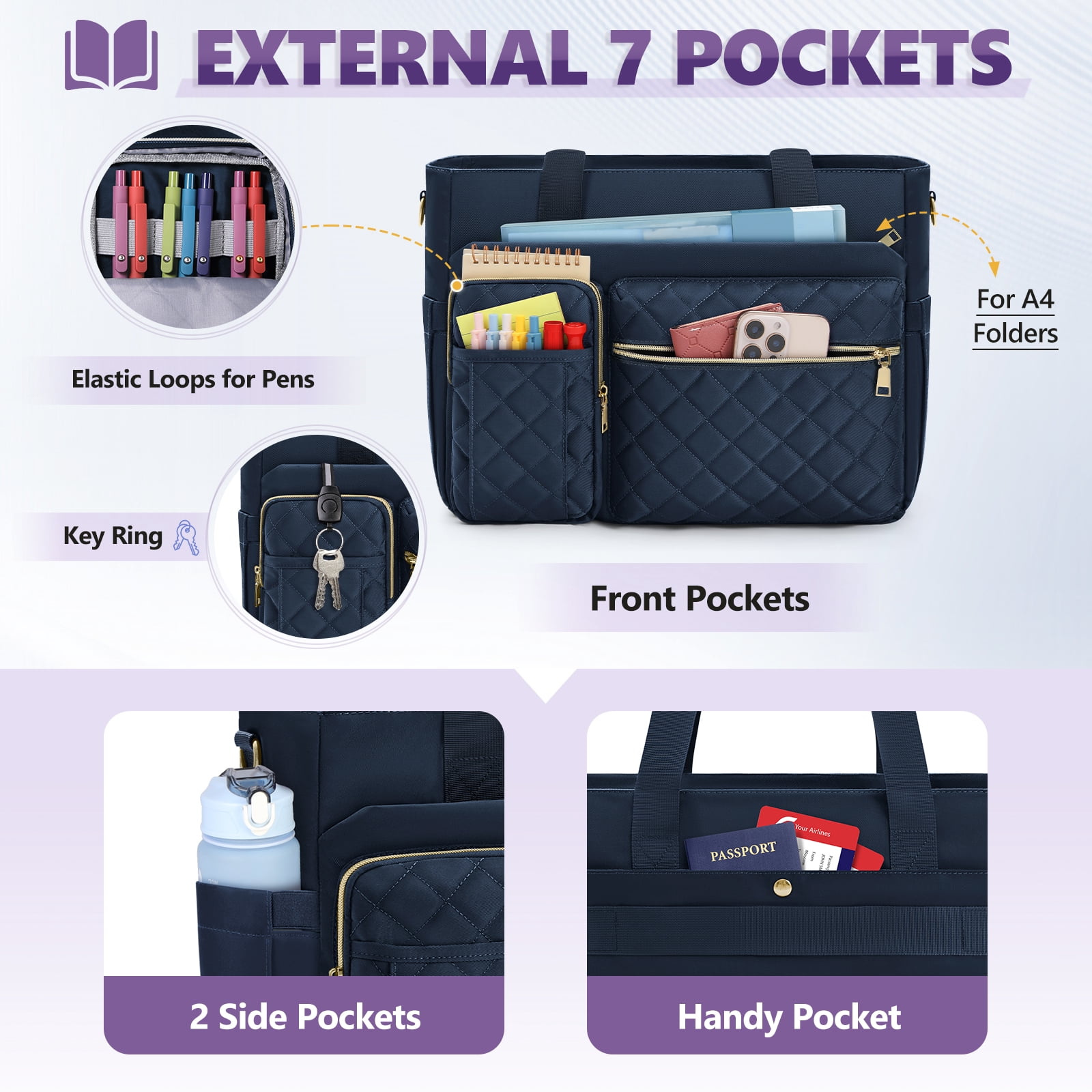 Teacher Tote Bag 15.6 inch Laptop Bag for Women Laptop Briefcase Work Bags Nurse Tote Professional Computer Messenger Shoulder Bags for Office, College, Nursing,DarkBlue
