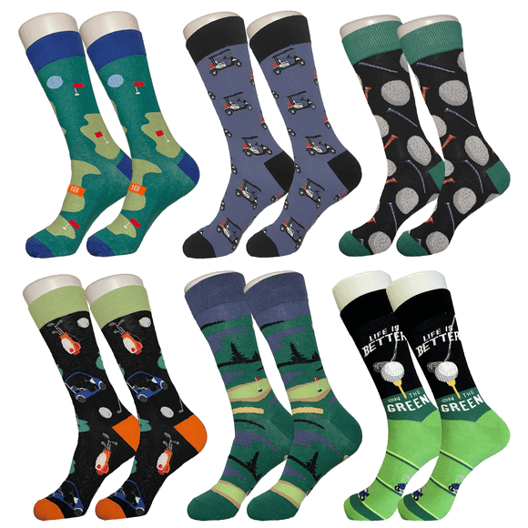 Golf Novelty Socks - 6 Pack Men's Sock Bro Fun Socks - Golf Ball, Golf Bag, Golf Tee, Golf Club, Golf Cart Colourful Socks