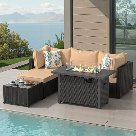 6 PCS Patio Furniture Sets w/ 42" Fire Pit Table Outdoor Conversation Sectional Sofa w/ 50000 BTU Propane Fire Pit Weaving Wicker Rattan Patio Conversation Set With Ottoman, Cushion And Coffee Table