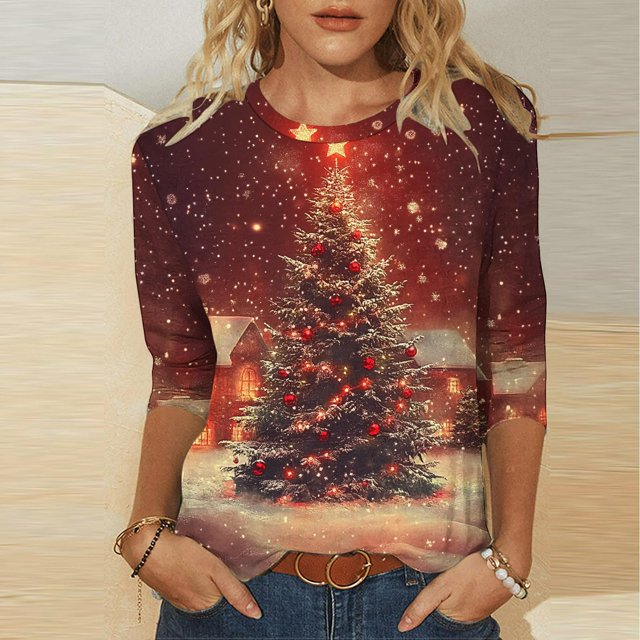 Fiudx Liquidación de Ahorros de Verano Camiseta con Estampado Navideño a La Moda para Mujer, Blusa con Mangas 3/4, Tops Informales con Cuello Redondo