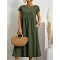 thumbnail image 4 of Womens Cotton Linen Short Sleeve Casual Loose Crew Neck Beach Dress with Pockets, 4 of 5