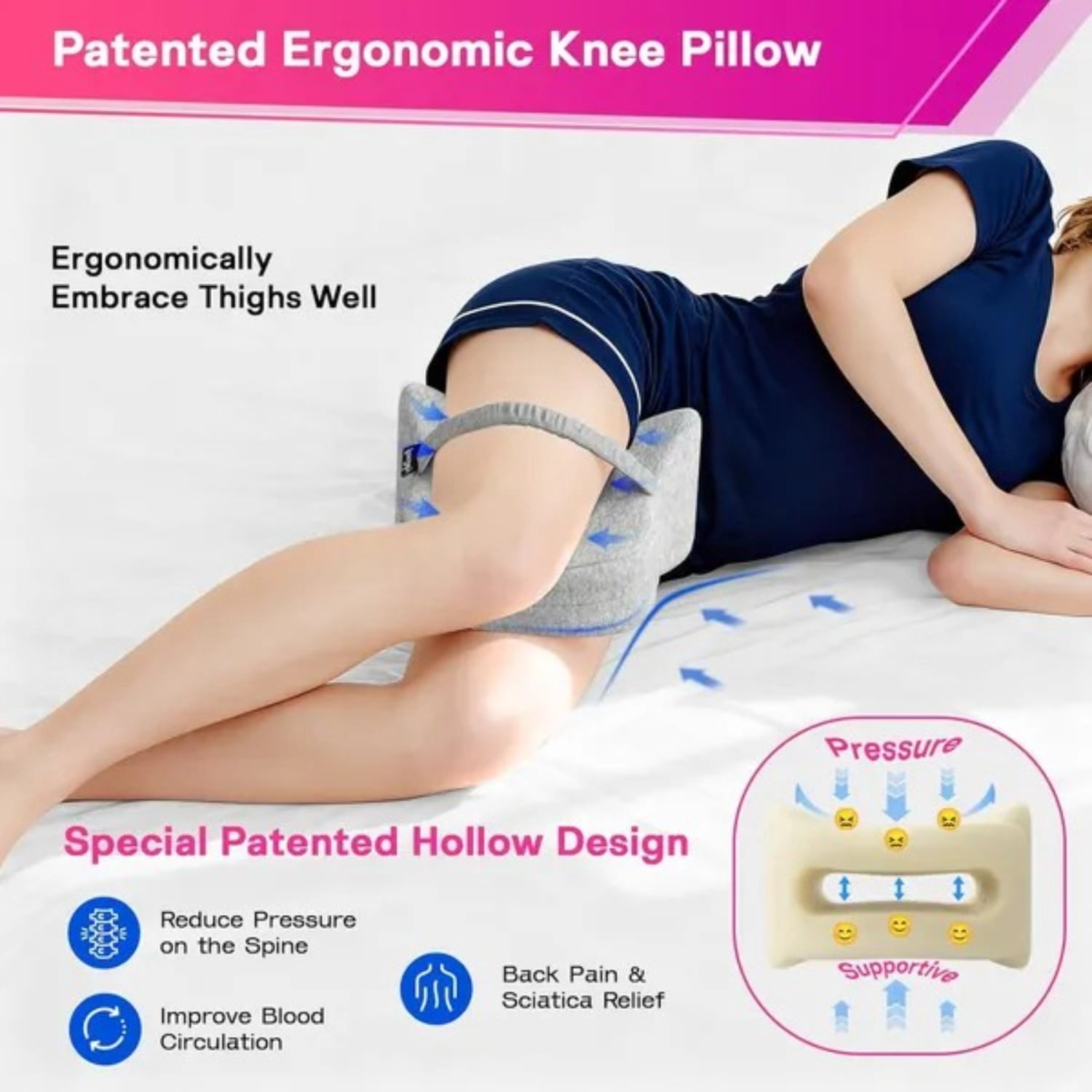Knee Pillow for Side Sleepers Memory Foam Spine Alignment Pillow for Back Hip Pain Sciatica Pregnancy Surgery Recovery