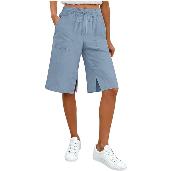 CHGBMOK Womens Linen Capri Pants Bermuda Shorts Knee Length Elastic High Waist Shorts with Button Comfy Summer Casual Pants