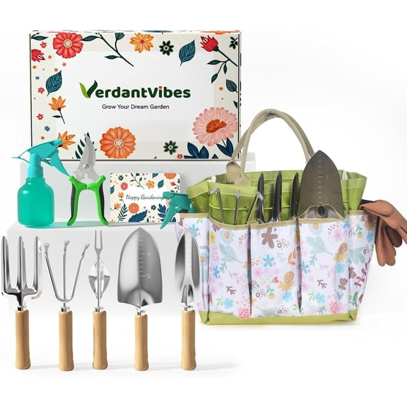 Gardening Tools Set 9-Piece Heavy-Duty Gardening Hand Tools with Floral Tote Bag, Stainless Steel Garden Supplies Kit Ideal Gardening Gifts for Women Mom Wife