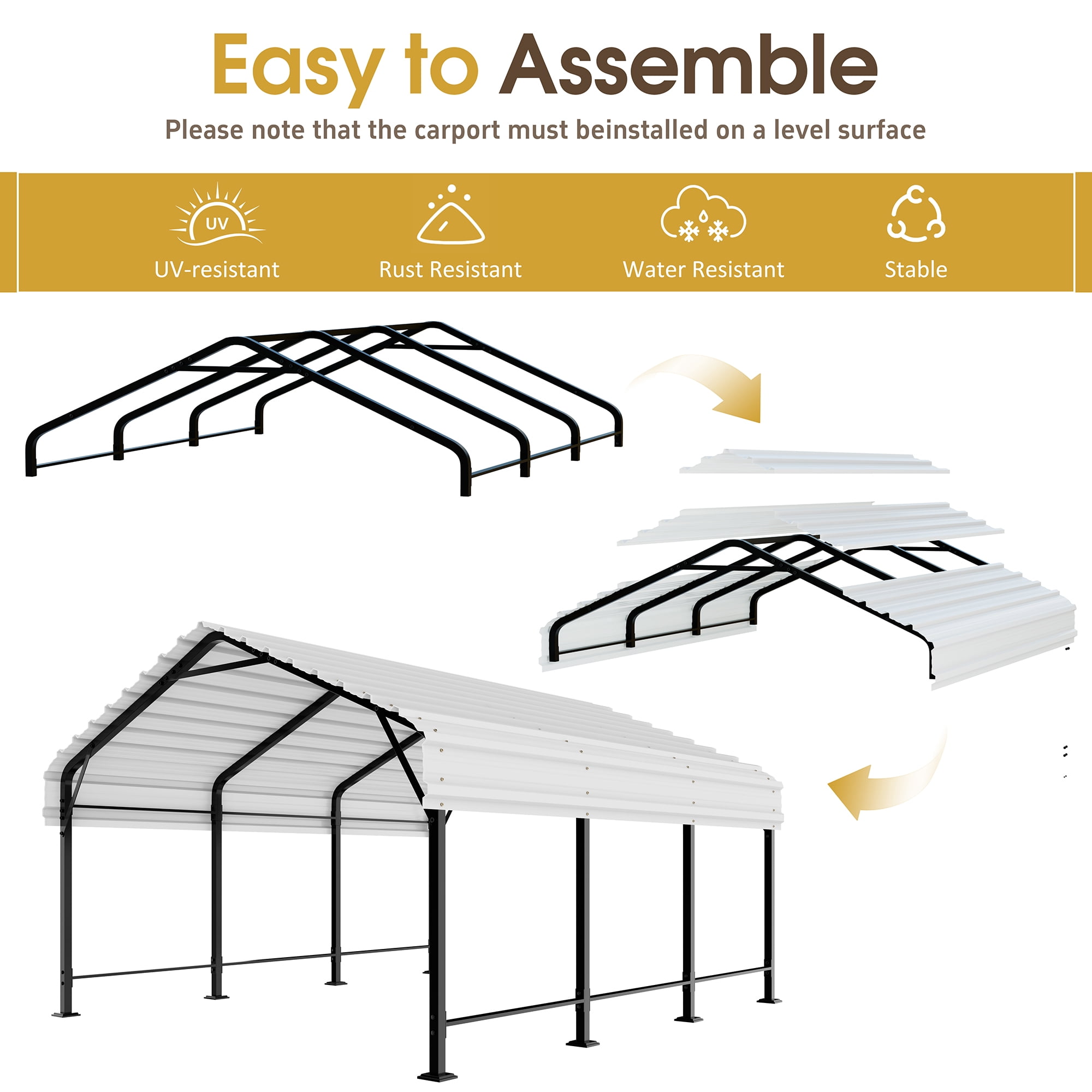 Walsunny 12X15ft Steel Carport, Outdoor Heavy Duty Carport Canopy with Galvanized Steel Roof, Metal Carport Extra Large Garage Car Storage Shelter, White