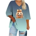 thumbnail image 2 of Plus Size Tops for Women Halloween Printed V-neck 3/4 Sleeve T-shirt Plus Loose Top Womens Tops Green XXXXXL, 2 of 4