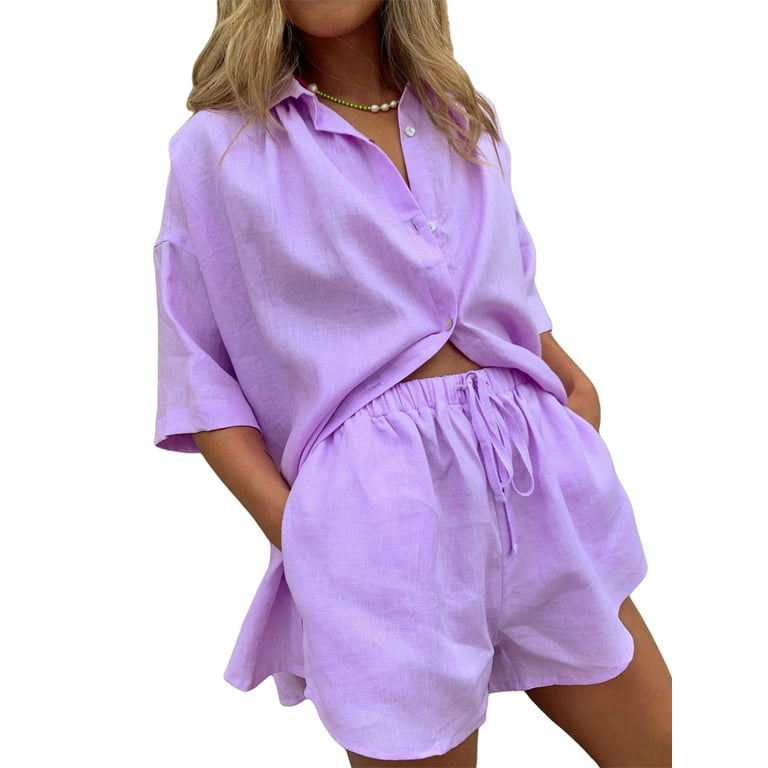 Summer Women's Suit Solid Color Clothes Casual Set Loose Style Shirt Tops  and Irregular Shorts Drawstring Beach Clothing Female