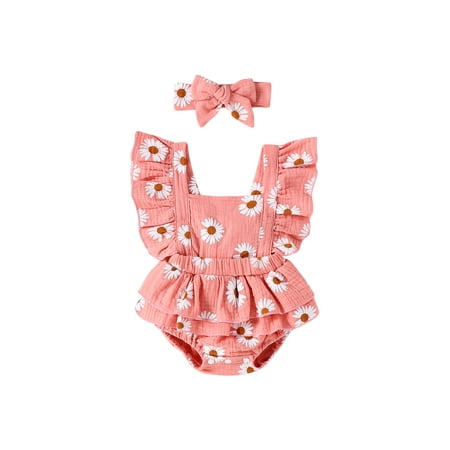 

jaweiw Baby Girls Sunflower Romper Sleeveless Square Collar Bodysuit + Headdress