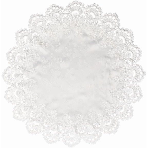 About 24 Inch Round White Doily Tablecloth Lace Trim Table Topper Small Elegant Jacquard Doilies Decoration Cover for Home Dresser Scarf Tables Toppers Centerpiece Dining Room Kitchen Decor