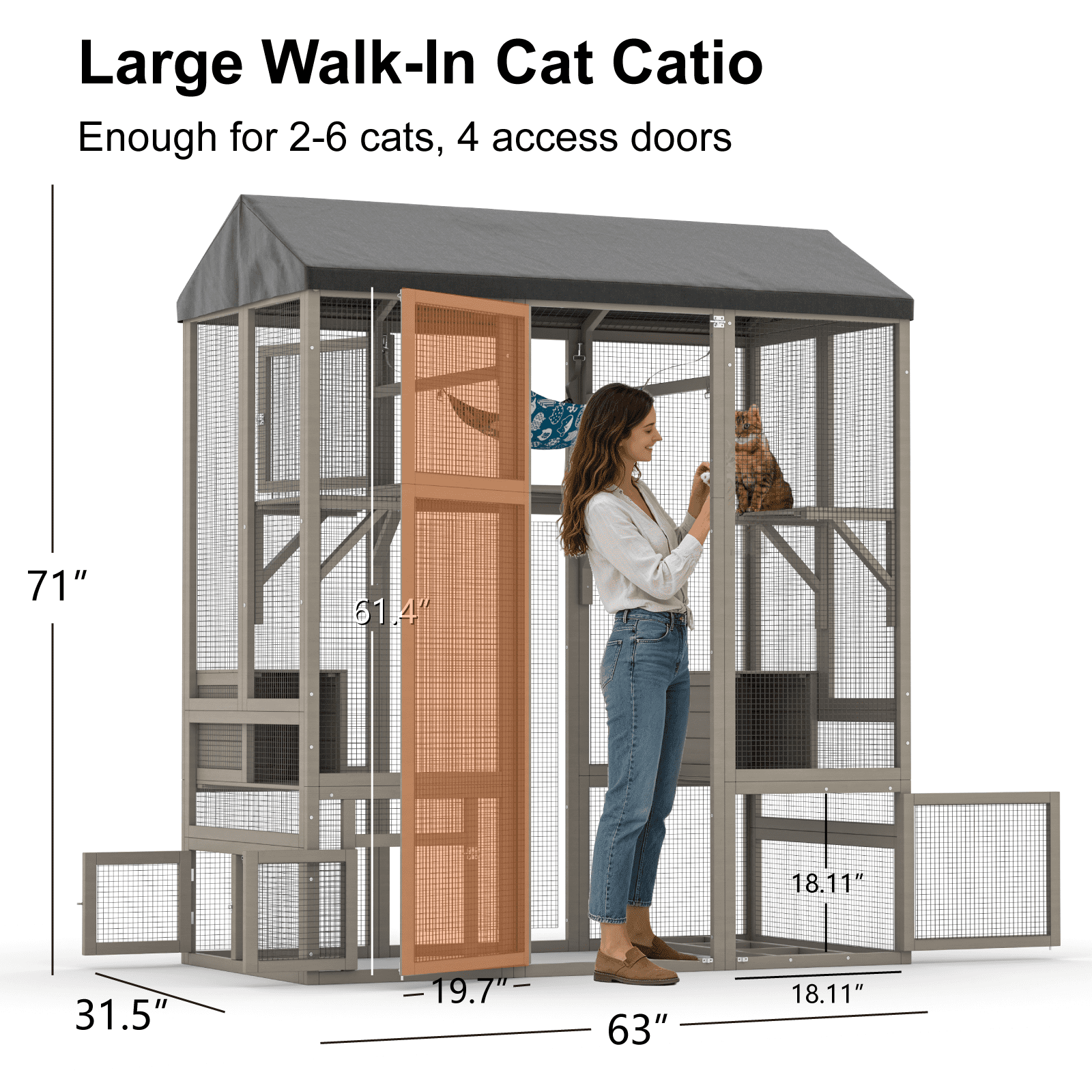 TIMHAKA 71'' Catio Outdoor Cat Enclosure, Large Cat Catio with Window Access, Hammock, 7 Platforms and 2 Resting Box, Gray