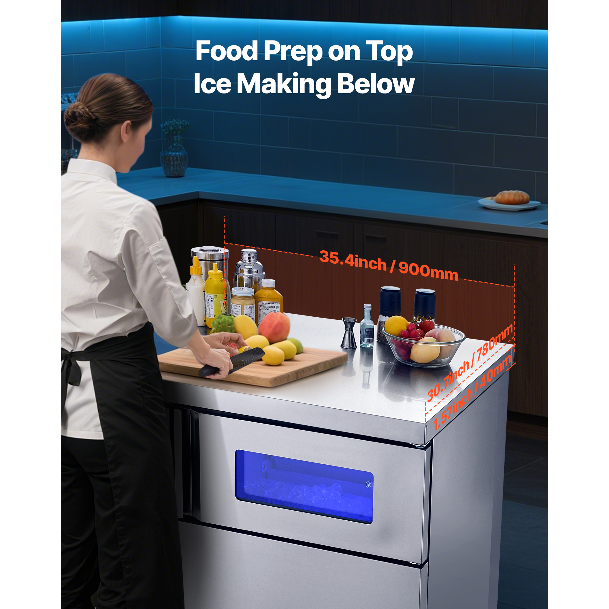 KFFKFF Commercial Ice Maker Machine, 220 lbs/24H Stainless Steel Ice Machine with Countertop, 66 lbs Storage & 108 Cubes per Cycle, Self-Cleaning Freestanding Ice Maker for Home, Bar, Office