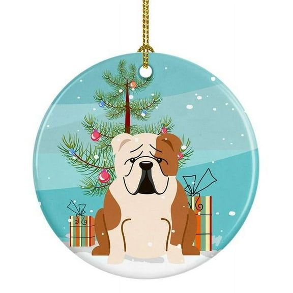Merry Christmas Tree English Bulldog Fawn White Ceramic Ornament