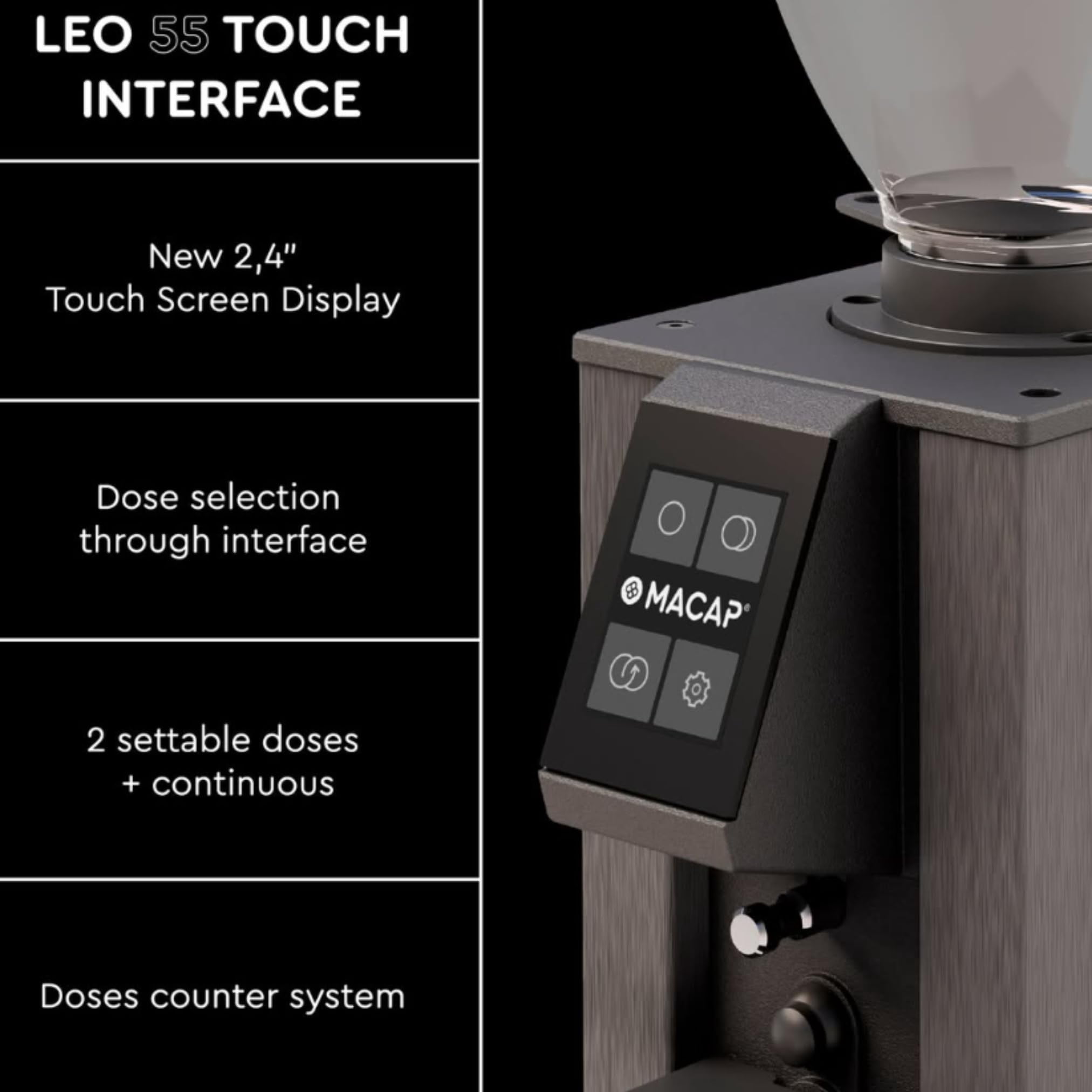 MACAP LEO 55 – Chrome Touch Coffee Grinder, Flat Burrs, Compact