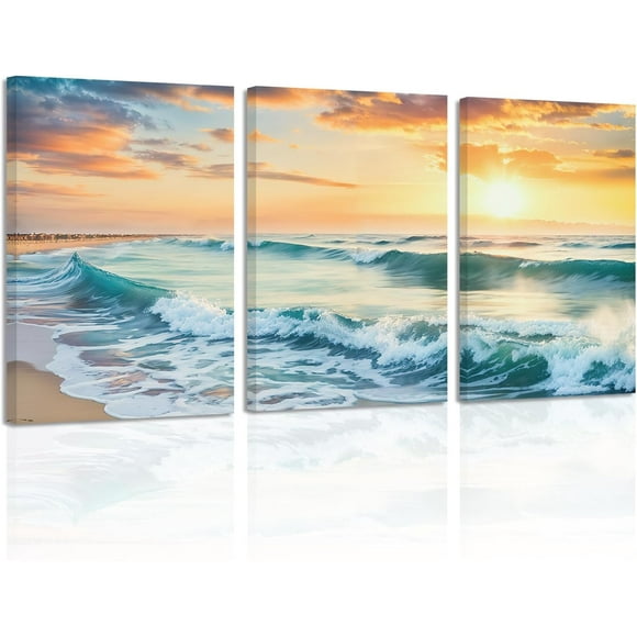 ZHONGYUTONG Sunset Beach Wall Art 3 Pieces Ocean Waves Pictures Seascape Paintings Prints Home Decor for Bathroom Living Room Framed (12.00" x 16.00" x 3PCS)