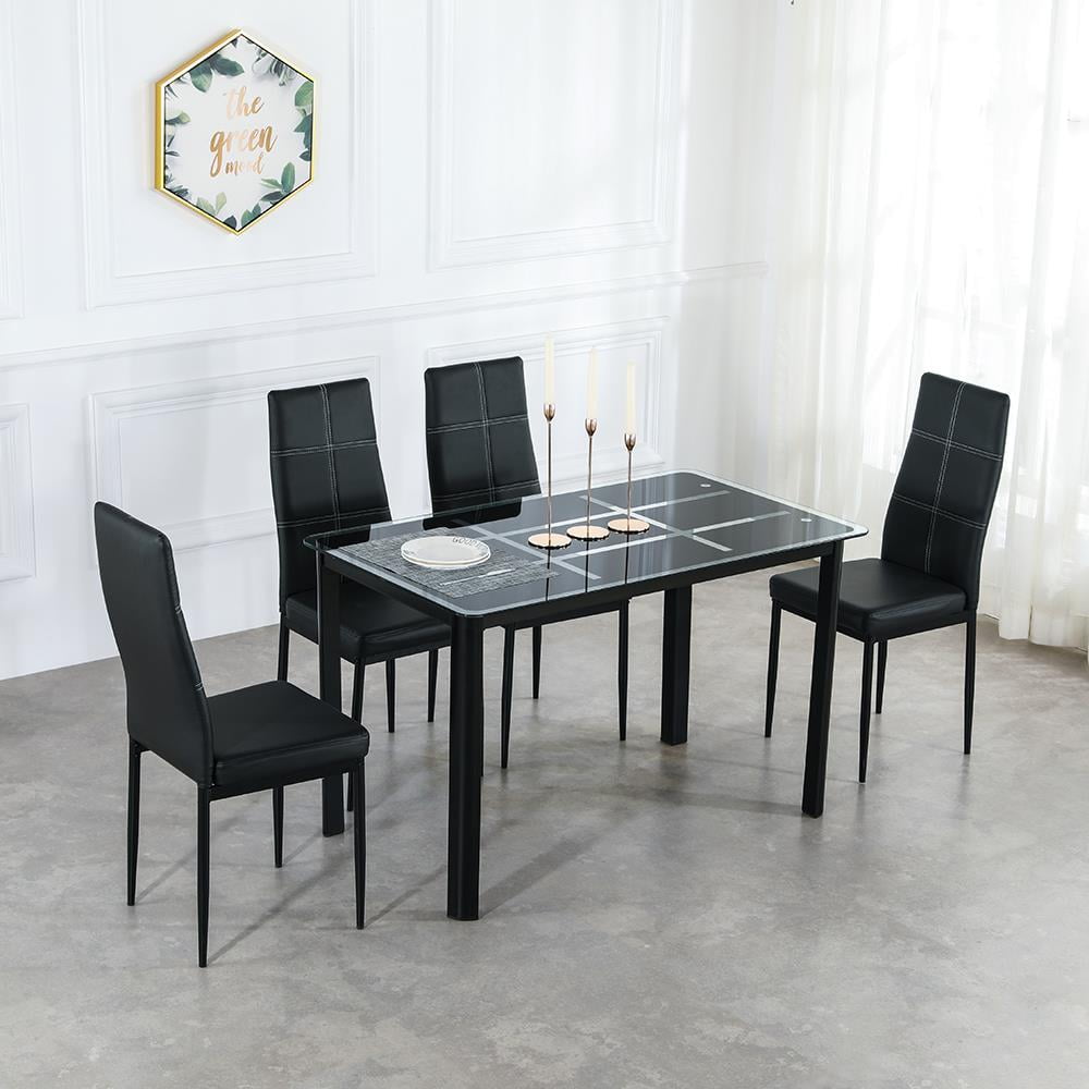 Details about   Stunning Black Gloss Glass Dining Table and 4 Leather Chairs Set Home Furniture 