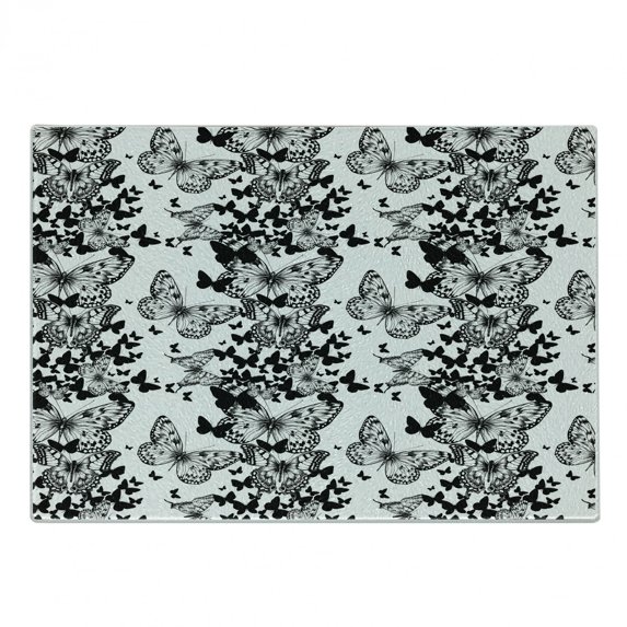 Black and White Cutting Board, Starry Night Drifter Butterfly Silhouettes Monochrome Sketch Style Fauna, Decorative Tempered Glass Cutting and Serving Board, Small Size, Black White, by Ambesonne