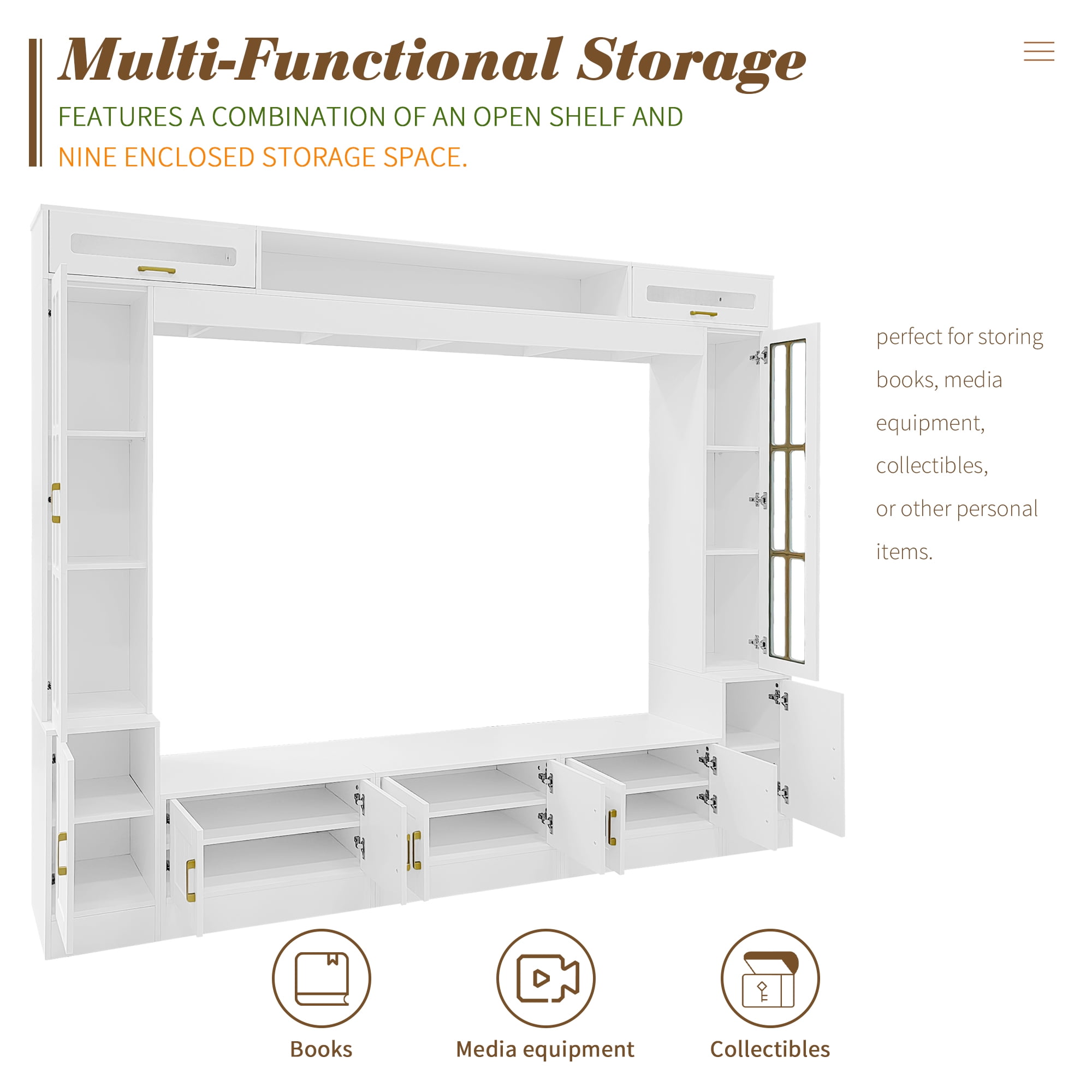 Aukfa Modern 98.4" Wall Unit TV Stand for TVs up to 80",Entertainment Center with Glass Doors & Storage Cabinets for Living Room Furniture, White