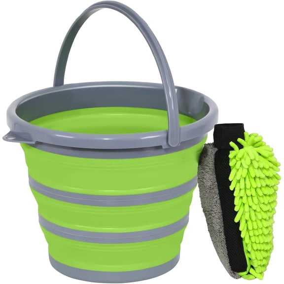 Foldable bucket with 3-in-1 car washing gloves, microfiber glove sponge, 10L (2.6 gallons)