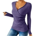 thumbnail image 2 of Otntypg Ribbed Sweaters for Women Lightweight Casual Slim Fit Basic Wrapped V Neck Solid Color Tunic Blouse Trendy Fall Spring Cozy Knitwear Shirts Purple M, 2 of 8