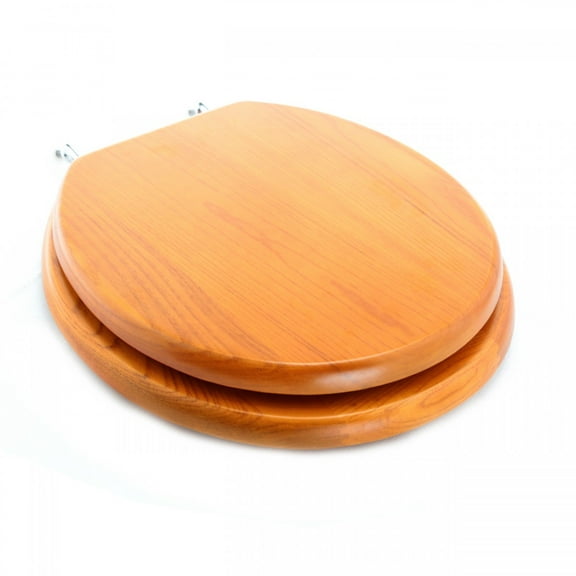 Renovator's Supply Golden Oak Finish Wooden Round Bathroom Toilet Seat Chrome Hinges