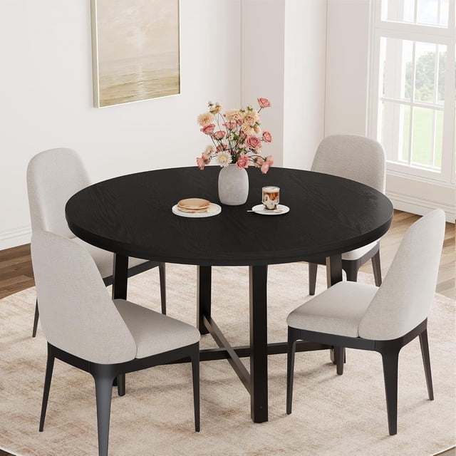 Bingirl 47 - inch Round Dining Table for 4, Modern Industrial Style, Thick Tabletop, Sturdy Metal Base, Space - Saving, Black - Perfect Kitchen and Dining Room Furniture