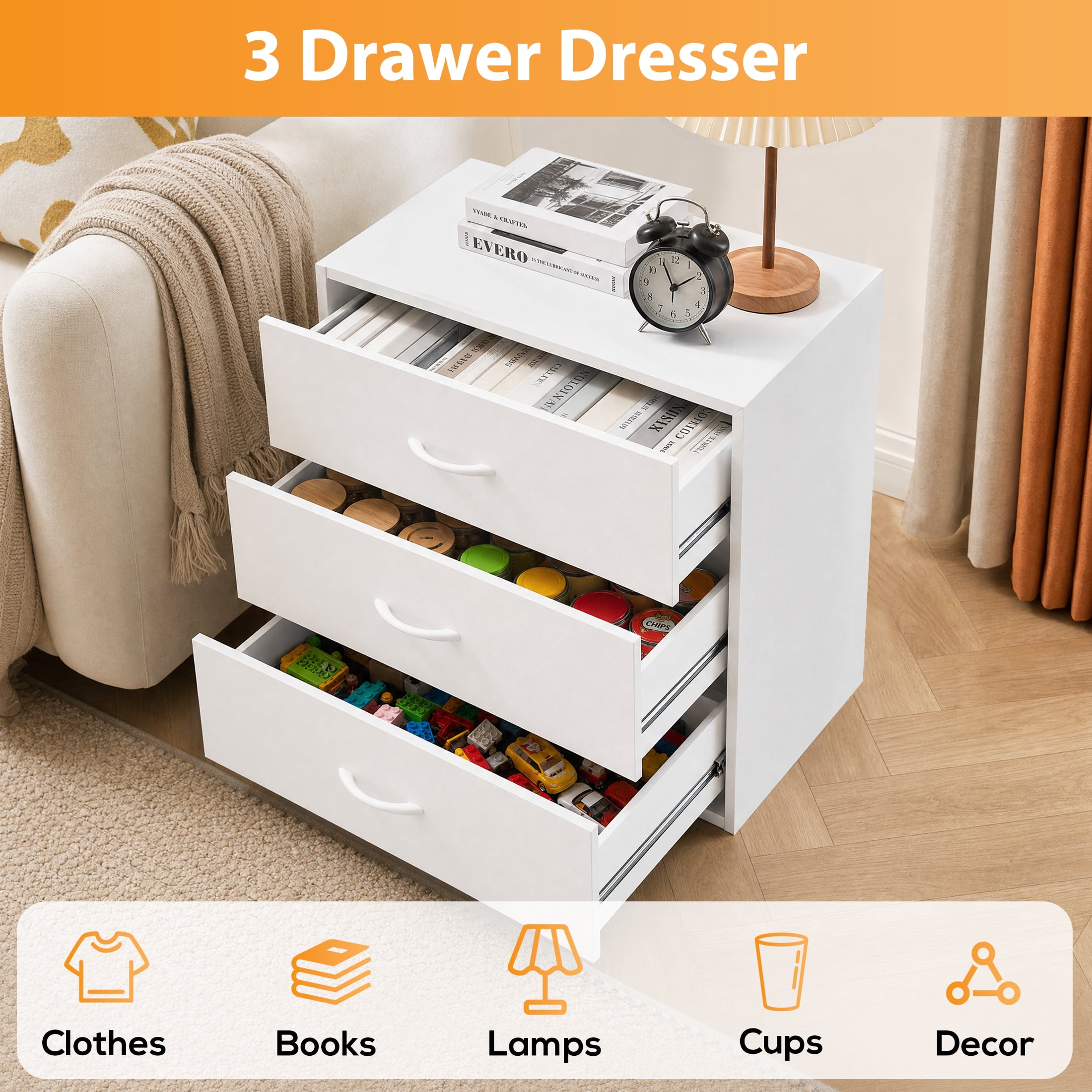 Prilinex Stackable 3 Drawer Dresser Set of 2, White Dresser for Bedroom with Wide Drawers, Wooden Small Dresser for Closet, Living Room, Entryway, Home Office, 23"W x 11.6"D x 24"H
