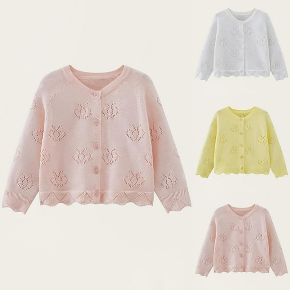 THDHVS Toddler Sweater,Toddler Winter Coat,Toddler Girl Thin Openwork Knit Sweater Solid Cardigans for Kids White 9-12 Months