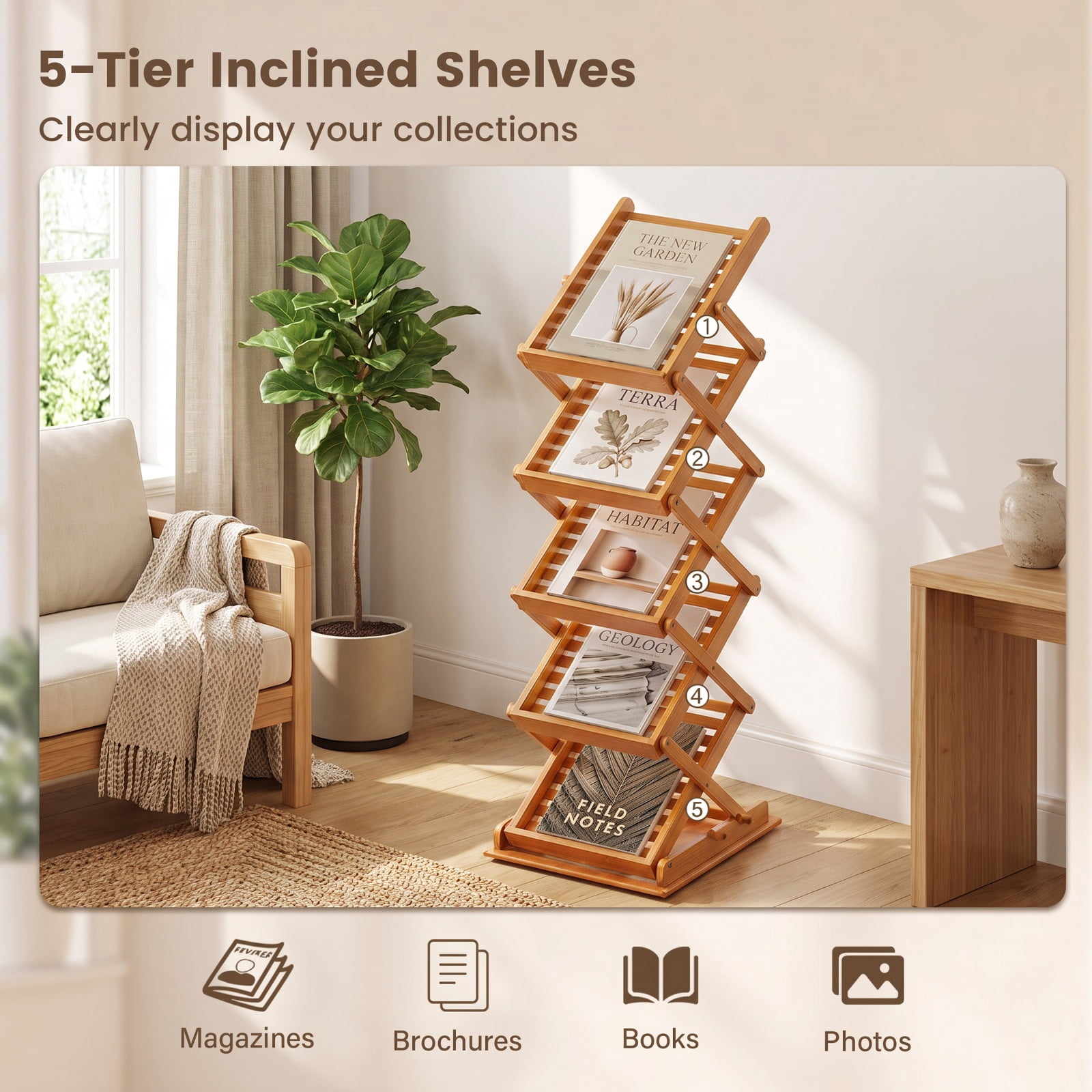 Furnibear Foldable Bamboo Magazine Rack with 2 Adjustable Positions for Living Room Home Office Bedroom Display Storage Shelf, Walnut