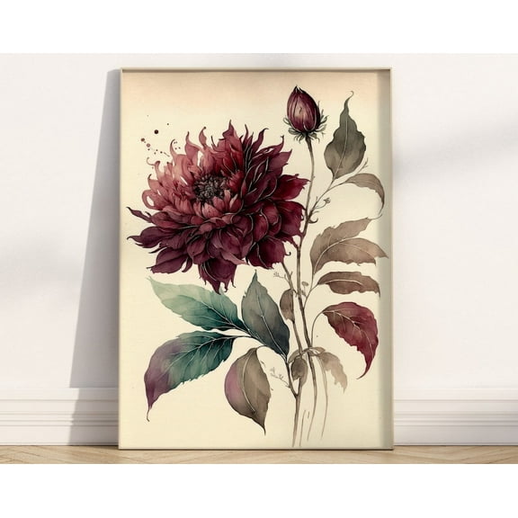 Flower Wall Art Print Burgundy Rose Botanical Contemporary Home Decor Boho Housewarming Gift For Her Watercolour Living Room Picture Red Wall Art, Modern Wall Decor, 8x12 UNFRAMED